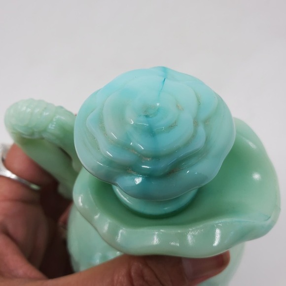 Vintage Avon Bath Oil Milk Glass Decanter Stopper Jadeite Rose Floral Bottle - Picture 6 of 13